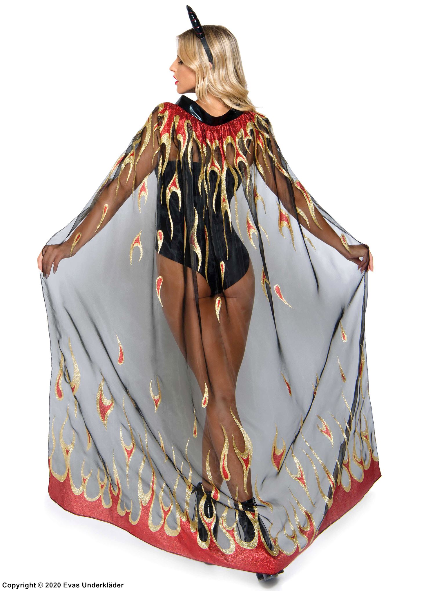 Maskerad-cape i skir nylon med eldsflammor och glitter